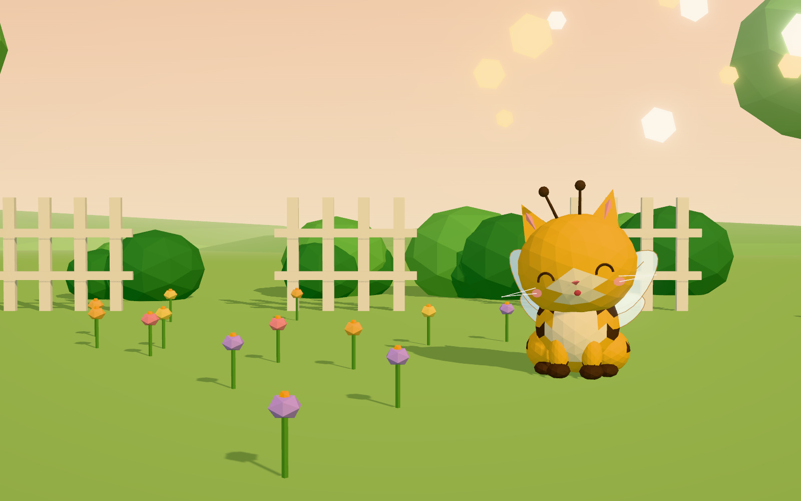 Beepo, a yellow bee-cat with tiny wings, sitting happily in a garden